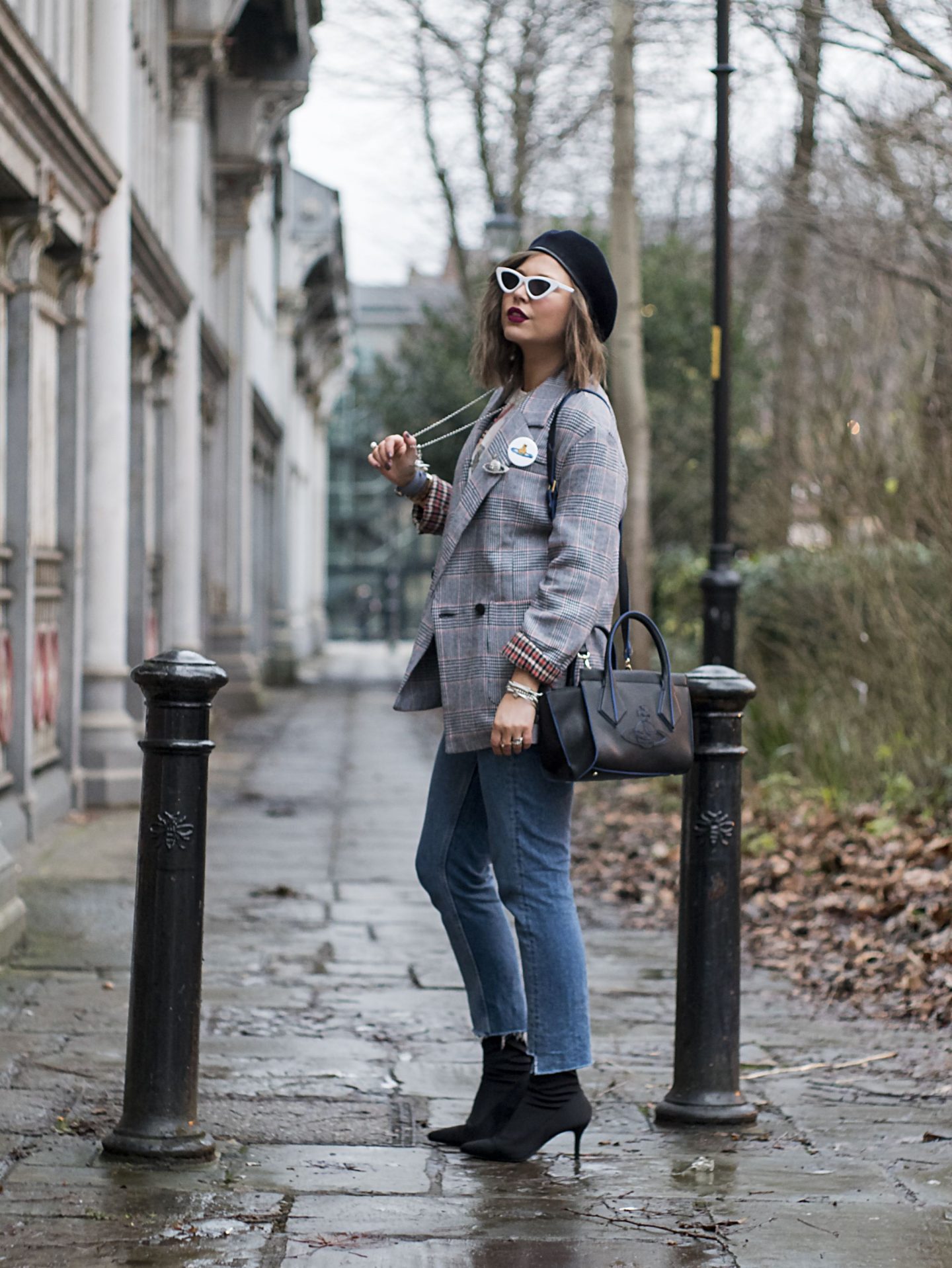 manchester fashion blogger, check blazer , tiny sunglasses, vivinne westwood bag, beret, check blazer, zara blazer 