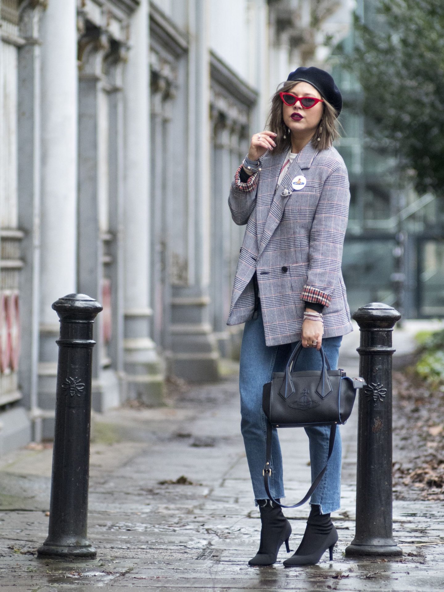 manchester fashion blogger, check blazer , tiny sunglasses, vivinne westwood bag, beret, check blazer, zara blazer 