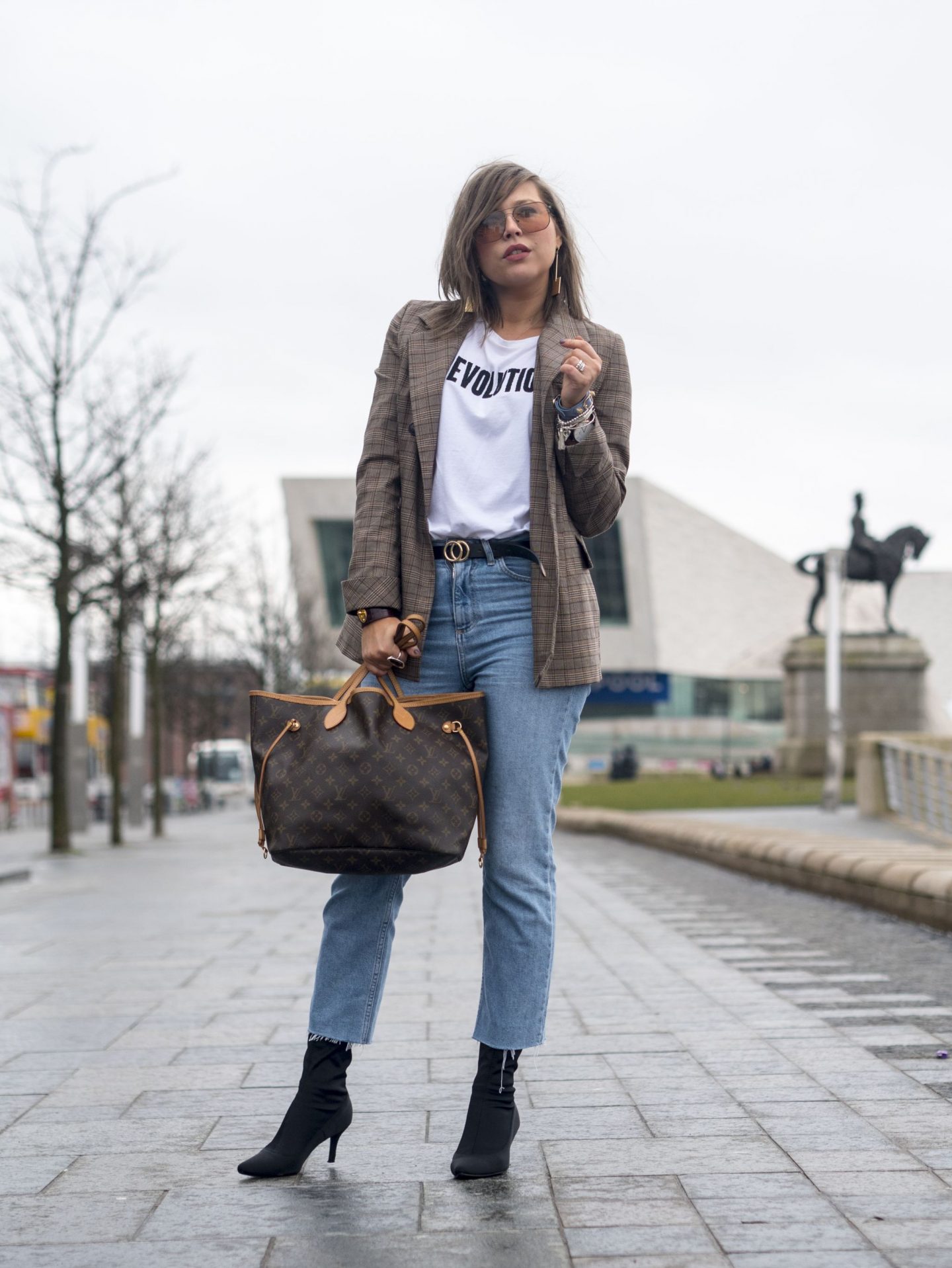manchester fashion blogger , revolution t shirt, mango , manchester fashion revolution, check blazer, Louis Vuitton, topshop straight jeans , manchester 