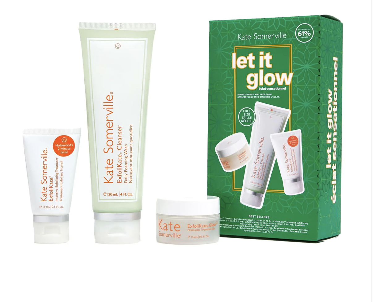 Kate Somerville, Let iT Glow set Gift guide, skincare products, guide for holiday presets, Christmas press, gift guide, 