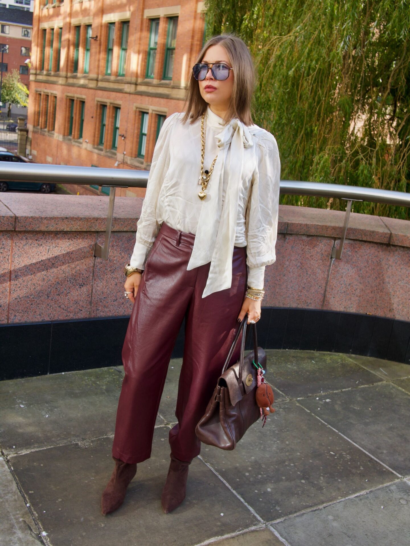 moonson blouse, autumn pieces from moonson, what to wear in autumn, pussy blouse, barrel leg trousers, burgundy trousers, manchester, manchester influencer 