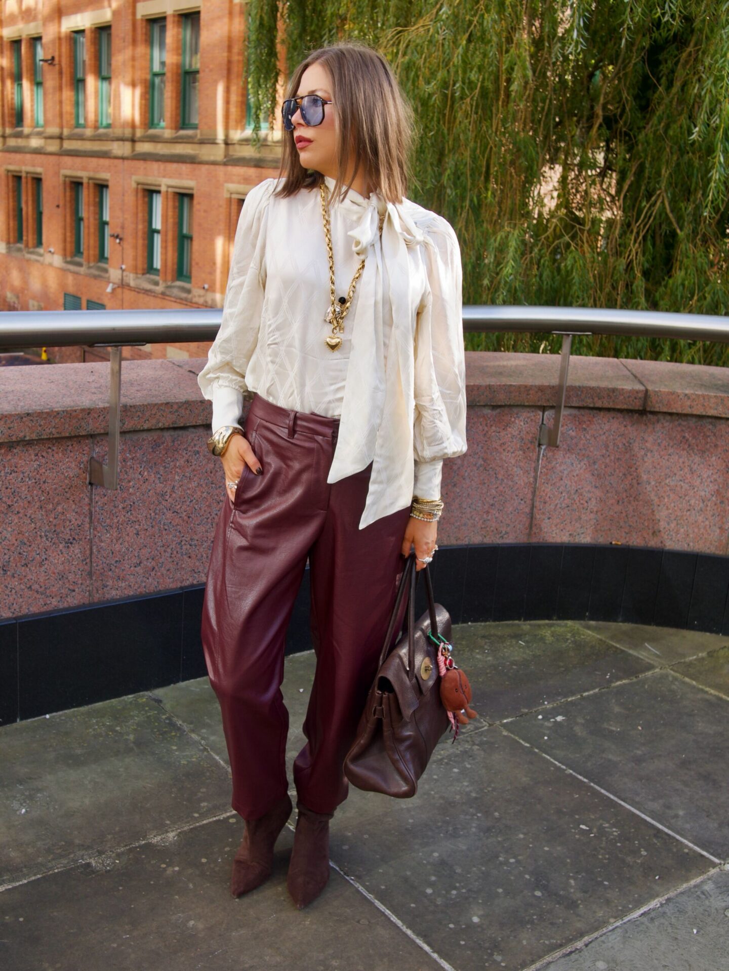 moonson blouse, autumn pieces from moonson, what to wear in autumn, pussy blouse, barrel leg trousers, burgundy trousers, manchester, manchester influencer 