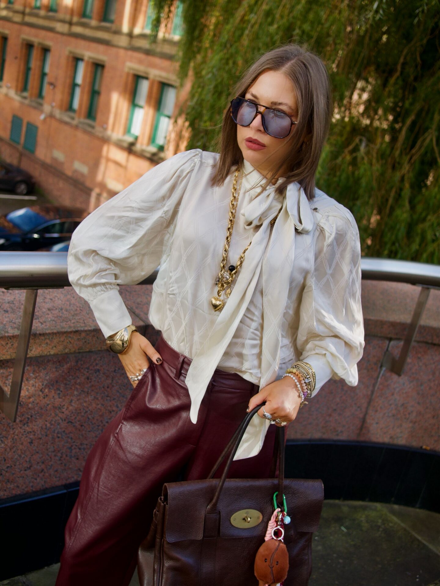 moonson blouse, autumn pieces from moonson, what to wear in autumn, pussy blouse, barrel leg trousers, burgundy trousers, manchester, manchester influencer
