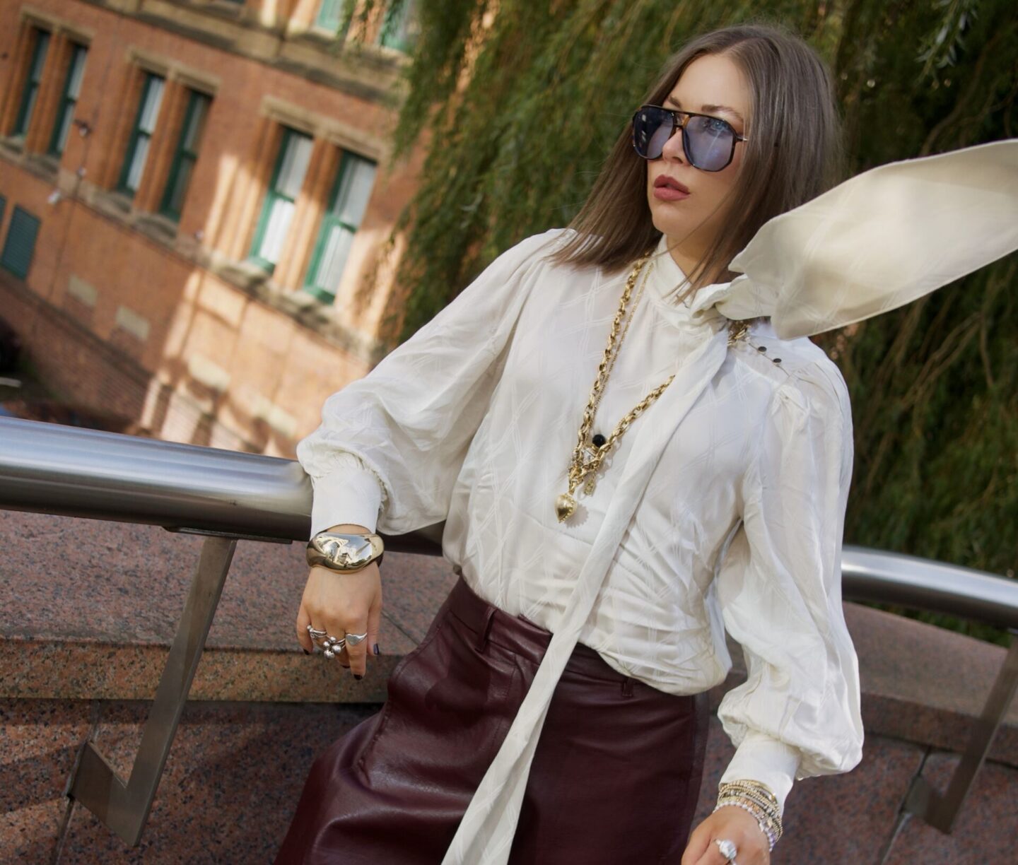 moonson blouse, autumn pieces from moonson, what to wear in autumn, pussy blouse, barrel leg trousers, burgundy trousers, manchester, manchester influencer 